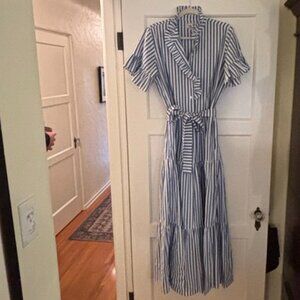 Mille Victoria Dress in bright white, blue and green stripe. Size M